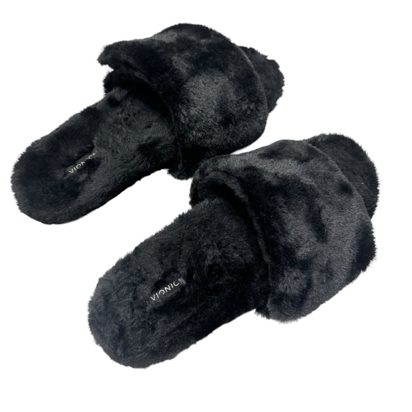 Vionic Shoes - Vionic Women’s Size 9 Black Dream Faux Fur Slippers Black Adjustable slides